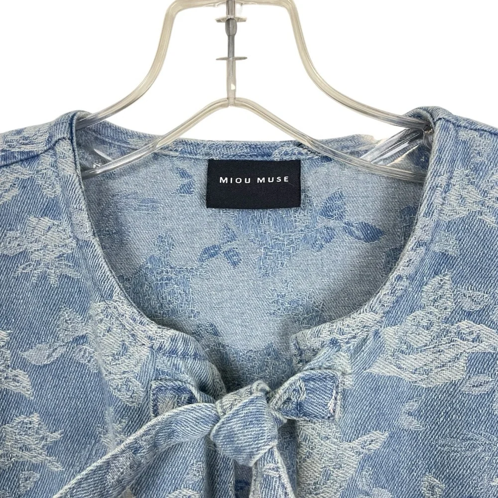 Miou Muse Denim + Roses Bow Front A-Line Mini Dress Puff Sleeves Blue Size S - Picture 2 of 13